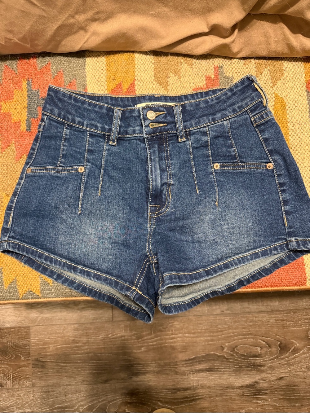 High-Rise Blue Denim Jean Shorts with Front Stitching